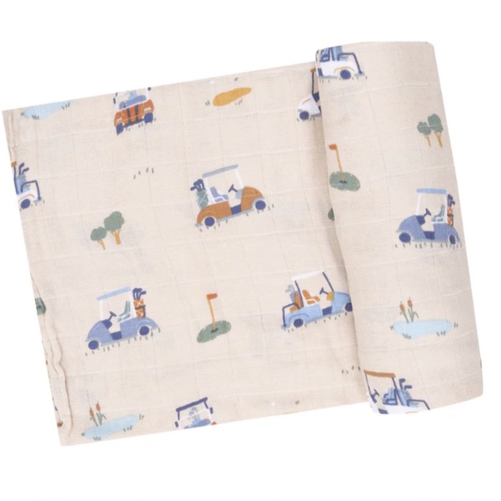 Angel Dear Organic Cotton Swaddle Blanket Golf Cart Cuties Oatmeal 47”x47”